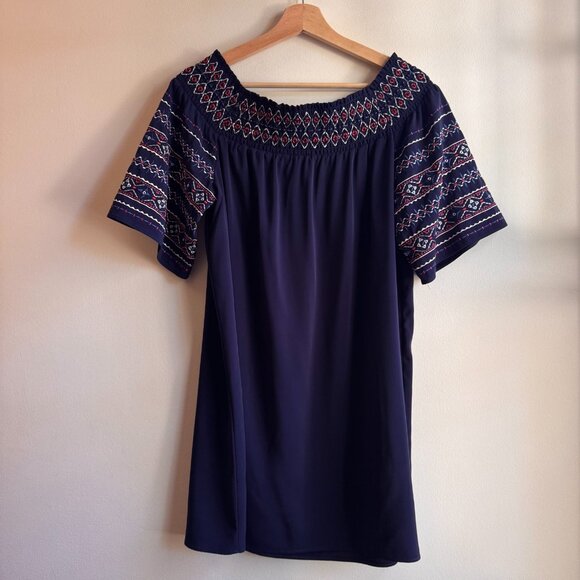 Tribal Jeans Women’s Large Navy Embroidered Boho Peasant Top Off Shoulder Blouse - Picture 8 of 8